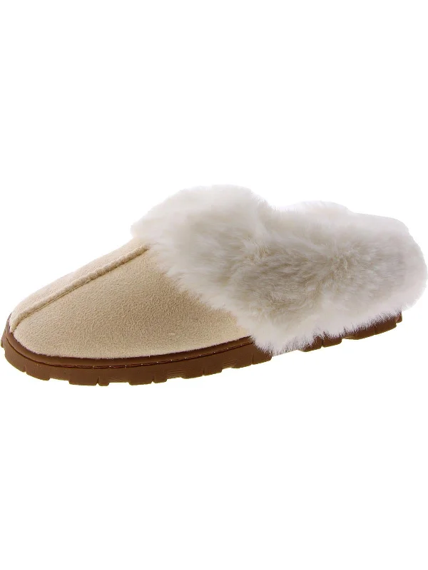 Womens Faux Fur Trim Slip On Slide Slippers Quilted Shoe Design  