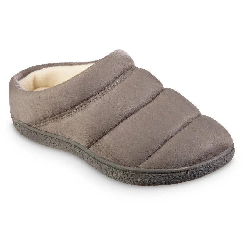 Women's Recycled Microsuede Puffer Clog Slipper In Ash Metallic Trim Shoe Design  