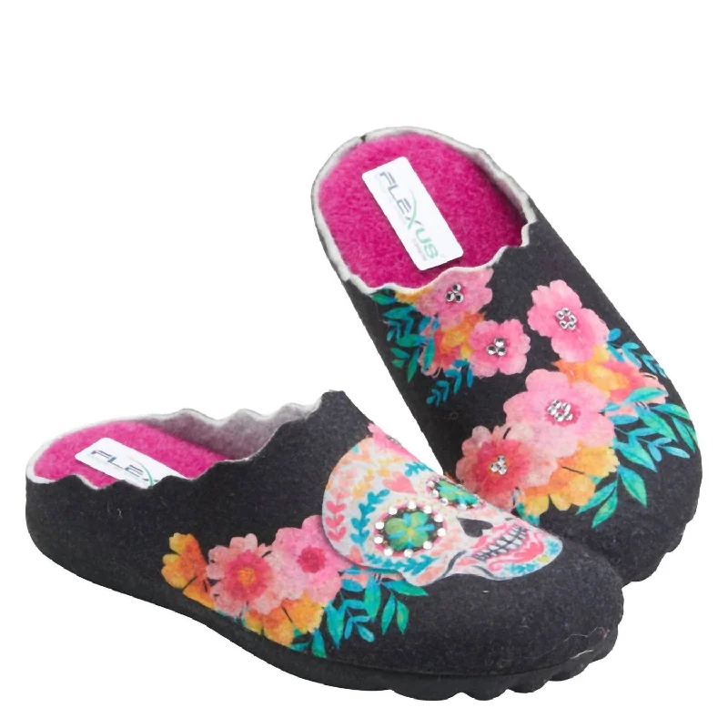 Women's Sugarskull Slippers In Black Brogue Oxford Aesthetic 