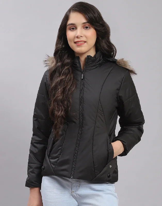 Girls Black Solid Hooded Full Sleeve Girls Jacket