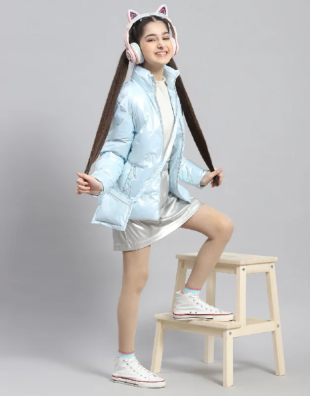 Girls Blue Embroidered Stand Collar Full Sleeve Girls Jacket