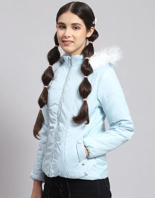 Girls Blue Solid Hooded Full Sleeve Girls Jacket