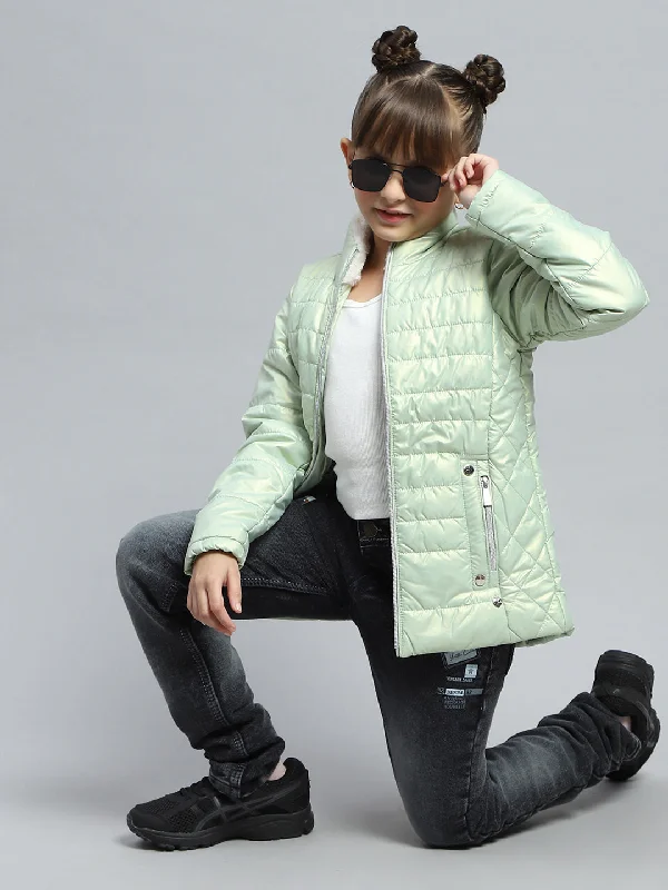 Girls Green Solid Mock Neck Full Sleeve Jacket