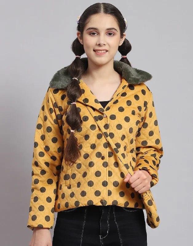 Girls Mustard Polka Dots Lapel Collar Full Sleeve Girls Jacket