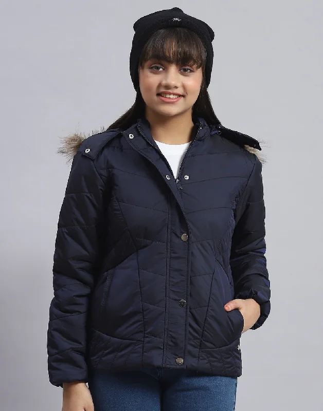 Girls Navy Blue Solid Hooded Full Sleeve Girls Jacket