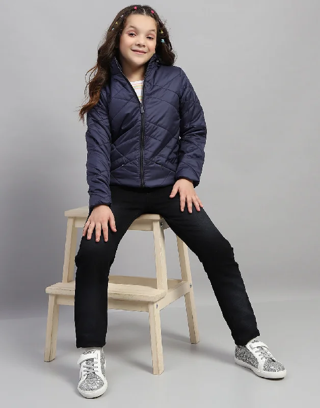 Girls Navy Blue Solid Hooded Full Sleeve Jacket