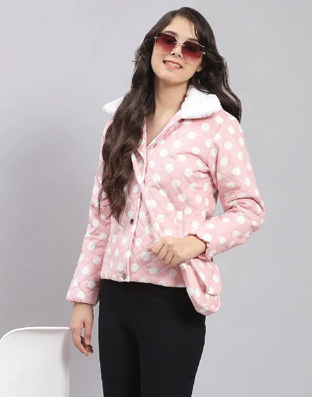 Girls Pink Polka Dots Lapel Collar Full Sleeve Girls Jacket