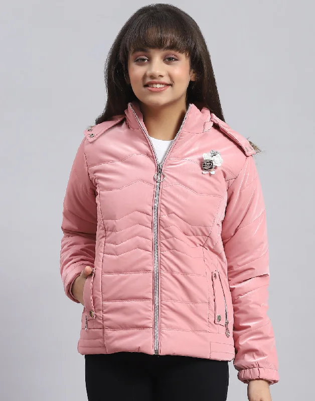 Girls Pink Printed Hooded Full Sleeve Girls Jacket