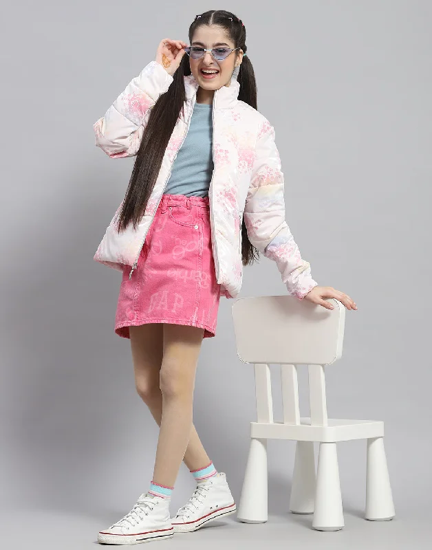 Girls Pink Printed Stand Collar Full Sleeve Girls Jacket