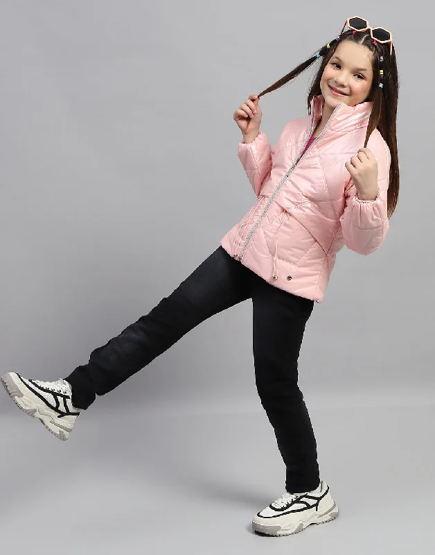 Girls Pink Solid High Neck Full Sleeve Jacket