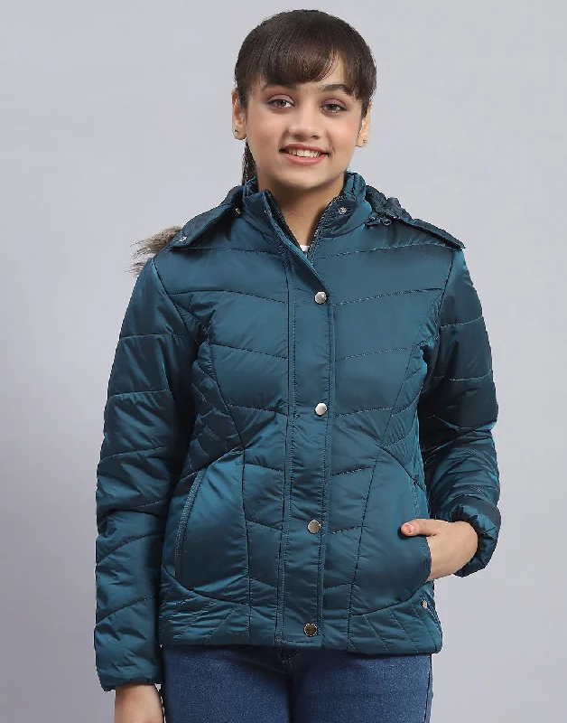 Girls Teal Blue Solid Hooded Full Sleeve Girls Jacket