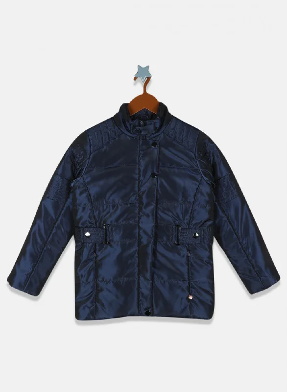 Girls Navy Blue Solid Jacket