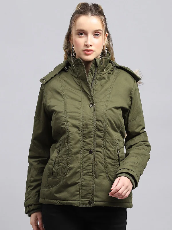 Women Green Solid Detachable Hood Full Sleeve Jacket