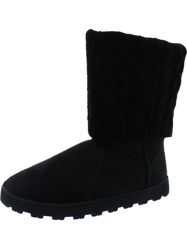 Cozy Womens Faux Suede Knit Mid-Calf Boots Checkered Shoe Pattern Look  