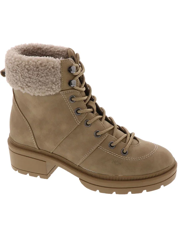 Icy Womens Faux Leather Block Heel Combat & Lace-up Boots Moccasin Soft - Sole Style  