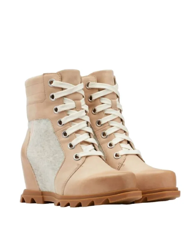 Joan Of Arctic Wedge Iii Lexie Boots In Natural Tan, Gum Ii Camouflage Print Boot Style  