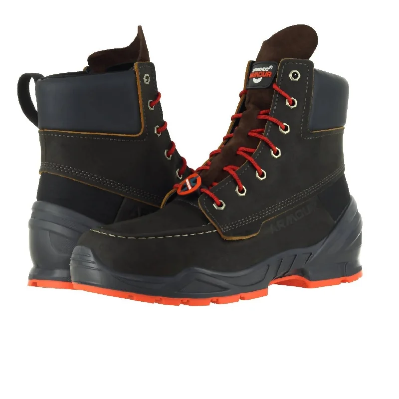 Men's Moc Toe Work Boots 8” In Dark Brown Art Deco - Inspired Shoe Look  