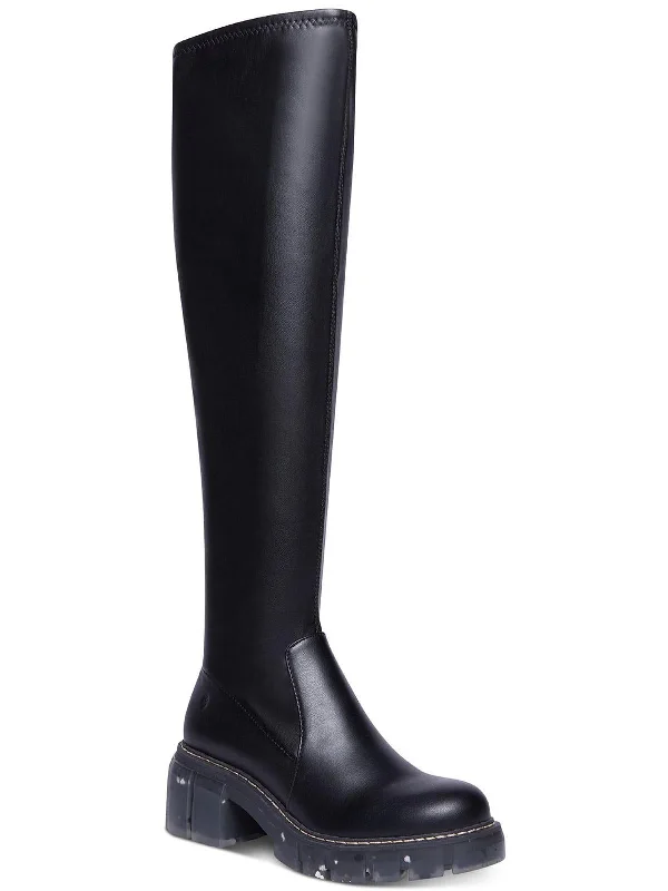 Rosaliaa Womens Faux Leather Chunky Knee-High Boots Elastic - Sided Chelsea Look  