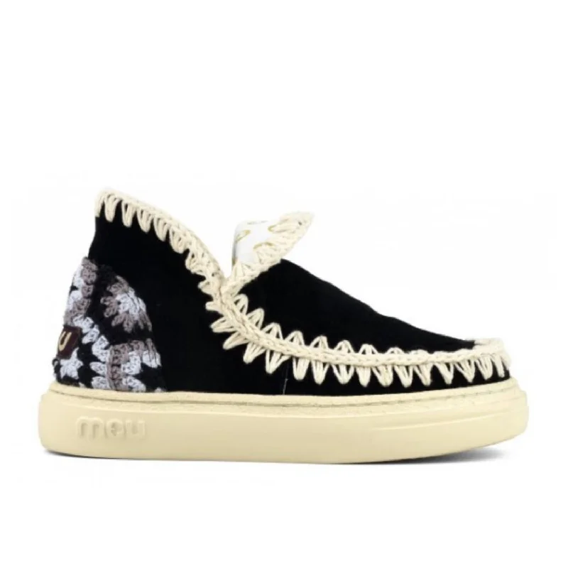 Women's Bold Eskimo Sneaker With Crochet Heel In Black Combo Striped Shoe Style  
