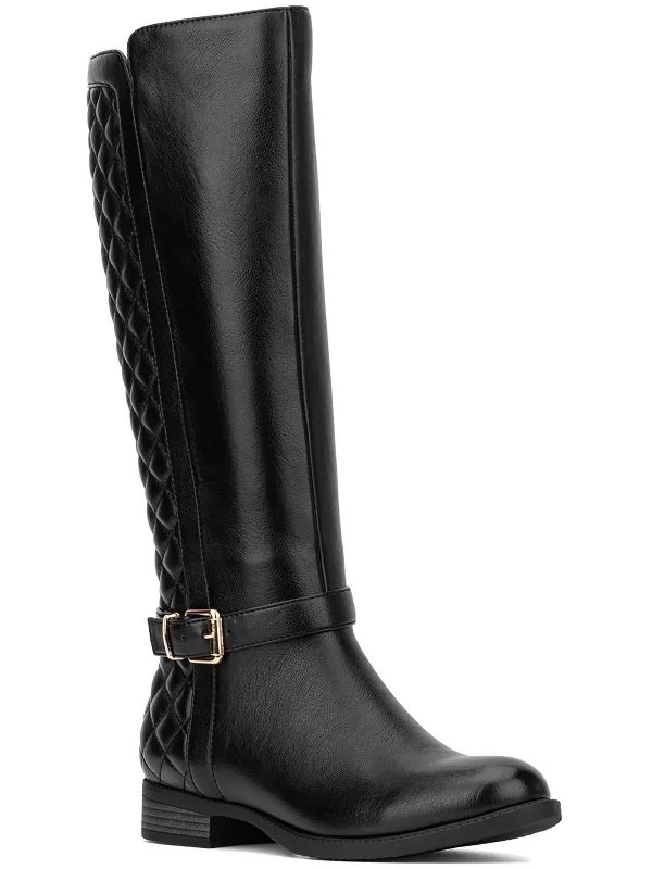 Womens Faux Leather Quilted Knee-High Boots Moccasin Soft - Sole Style  