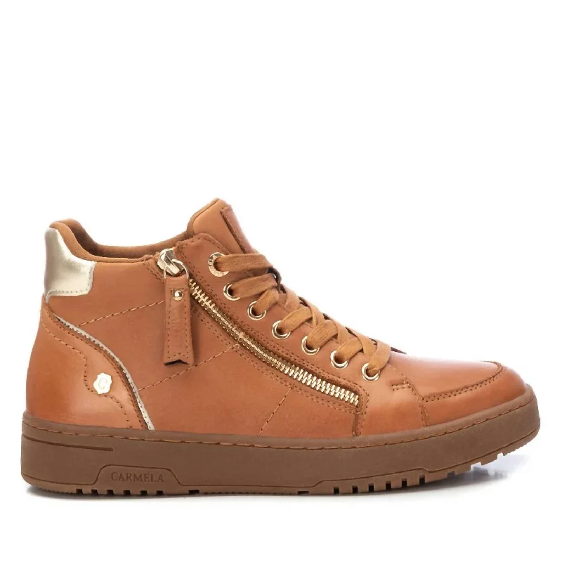 Women's Leather High Top Sneakers In Camel Neon - Accent Sneaker Look  
