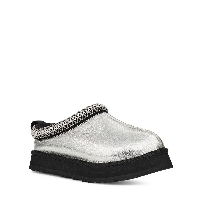 UGG Unisex-Child Tazz Leather Slipper, Silver Metallic Ankle - High Military Boot Style  