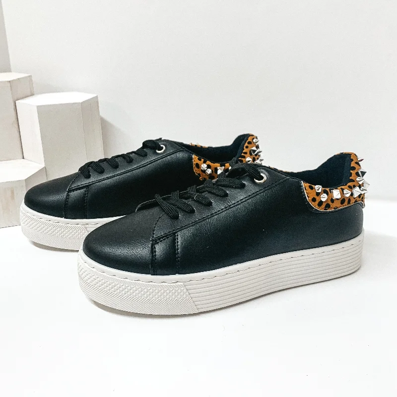 Studded Chic Lace Up Leopard Heel Platform Sneakers in Black Leather Driving Shoe Style Studded Chic Lace Up Leopard Heel Platform Sneakers in Black Leather Driving Shoe Style