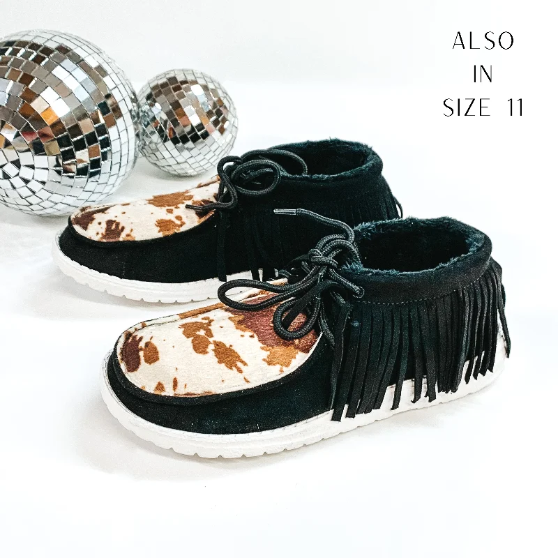 Very G | Have To Run Black Slip On High Top Loafers in Black with Cow Print and Black Fringe Ivy League - Inspired Derby Look 