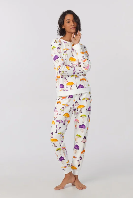 Dazzling Mushrooms Long Sleeve Pullover Crew and Jogger Stretch Jersey PJ Set