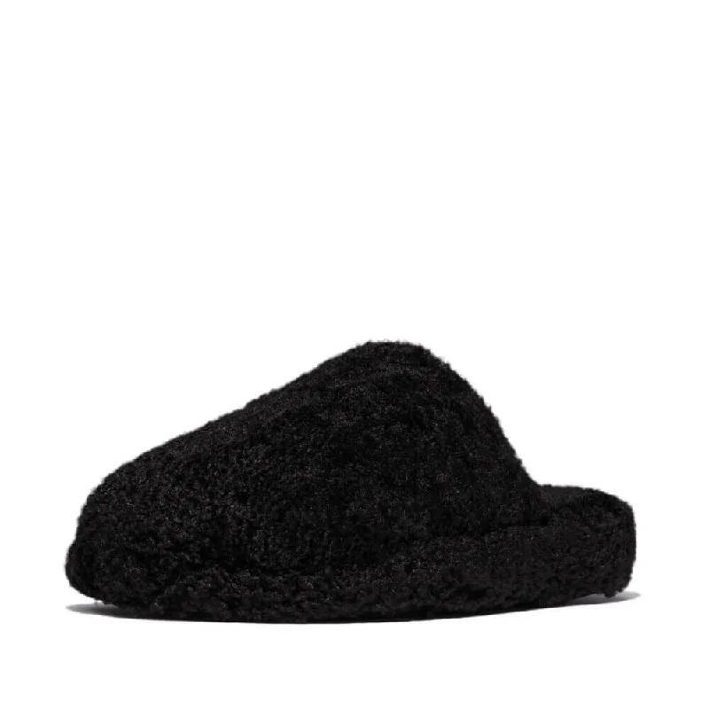FitFlop Iqushion D-Luxe Teddy Slipper Mules - All Black Beaded Moccasin Design 