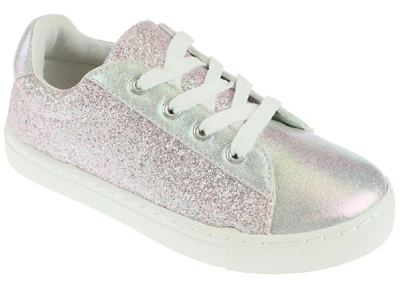 Girls Shimmer Holographic and Glitter Fashion Sneaker Distressed Leather Shoe Style  