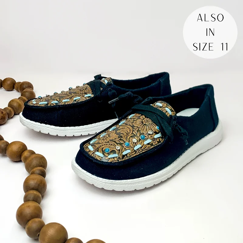 Very G | Have To Run Tooled Leather Upper Slip On Loafer with Blue Stitching in Black Retro Plimsoll Style Very G | Have To Run Tooled Leather Upper Slip On Loafer with Blue Stitching in Black Retro Plimsoll Style
