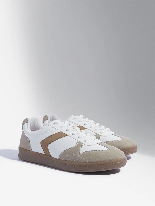 LUNA BLU Beige Colour-Blocked Lace-Up Sneakers Edwardian Shoe Look  