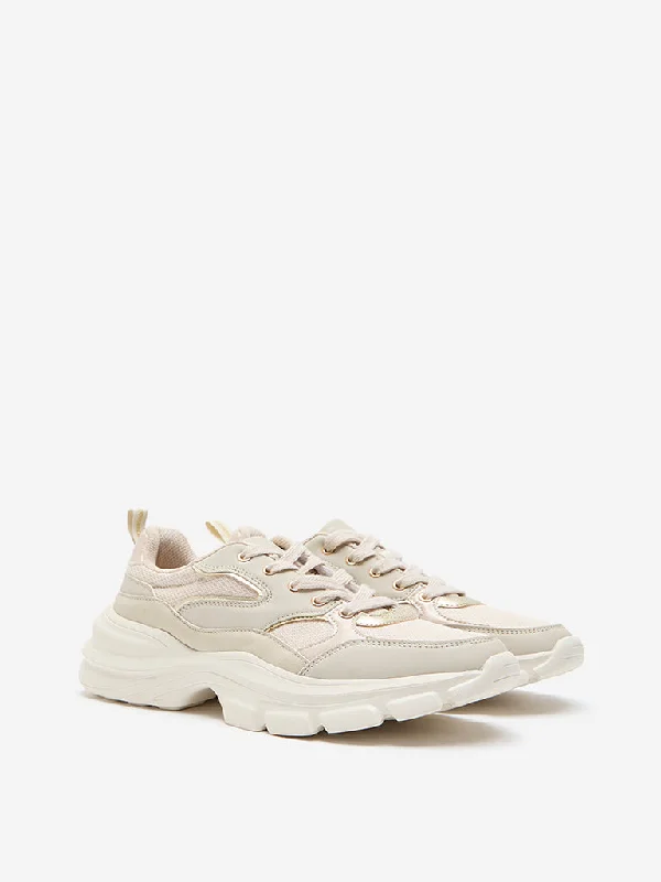 LUNA BLU Beige Lace-Up Chunky Sneakers Comfortable Derby Style  