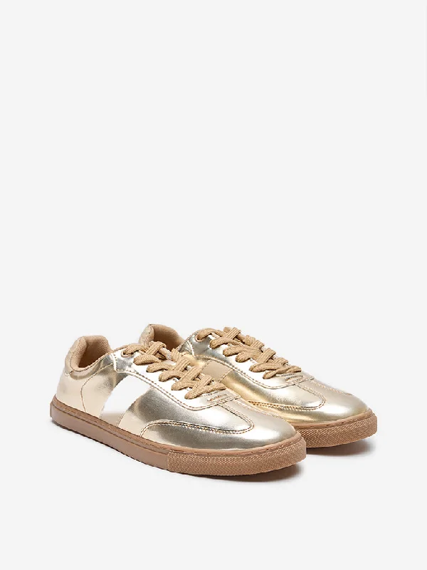 LUNA BLU Gold Metallic Lace-Up Sneakers Blue Coast Loafer Aesthetic 