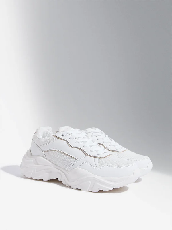 LUNA BLU Gold & White Lace-Up Chunky Sneakers Athleisure Derby Style  