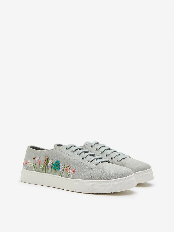 LUNA BLU Grey Floral Embroidered Sneakers Wingtip Oxford Design 