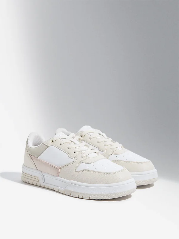 LUNA BLU Light Beige Colour-Block Lace-Up Sneakers Brogue Oxford Aesthetic 