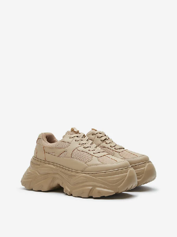 LUNA BLU Tan Mesh-Detailed Chunky Sneakers Waterproof Hiking Boot Design  