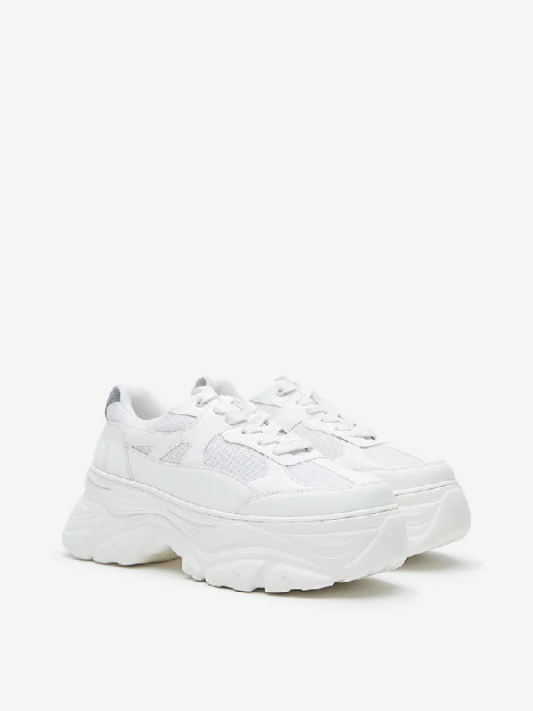 LUNA BLU White Mesh-Detailed Chunky Sneakers Strap - Up Sandal Resort Style  