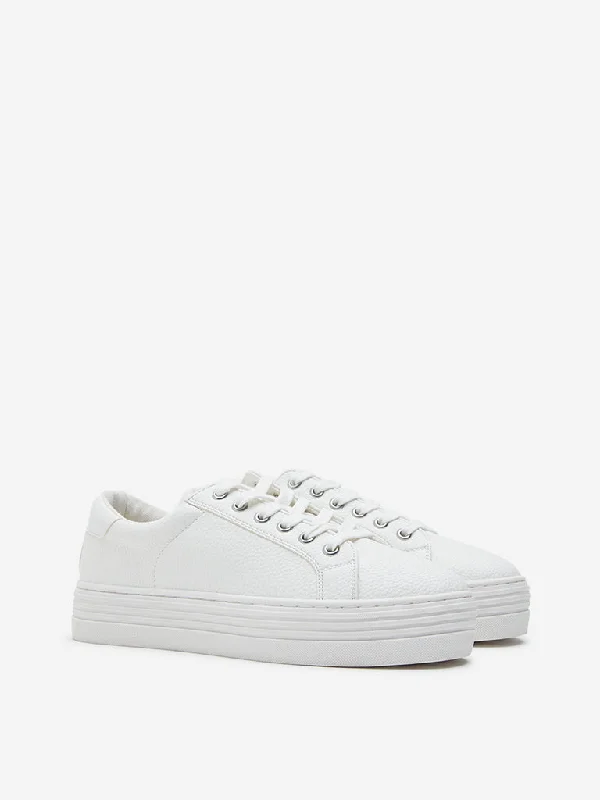 LUNA BLU White Textured Lace-Up Sneakers Ankle - High Military Boot Style  