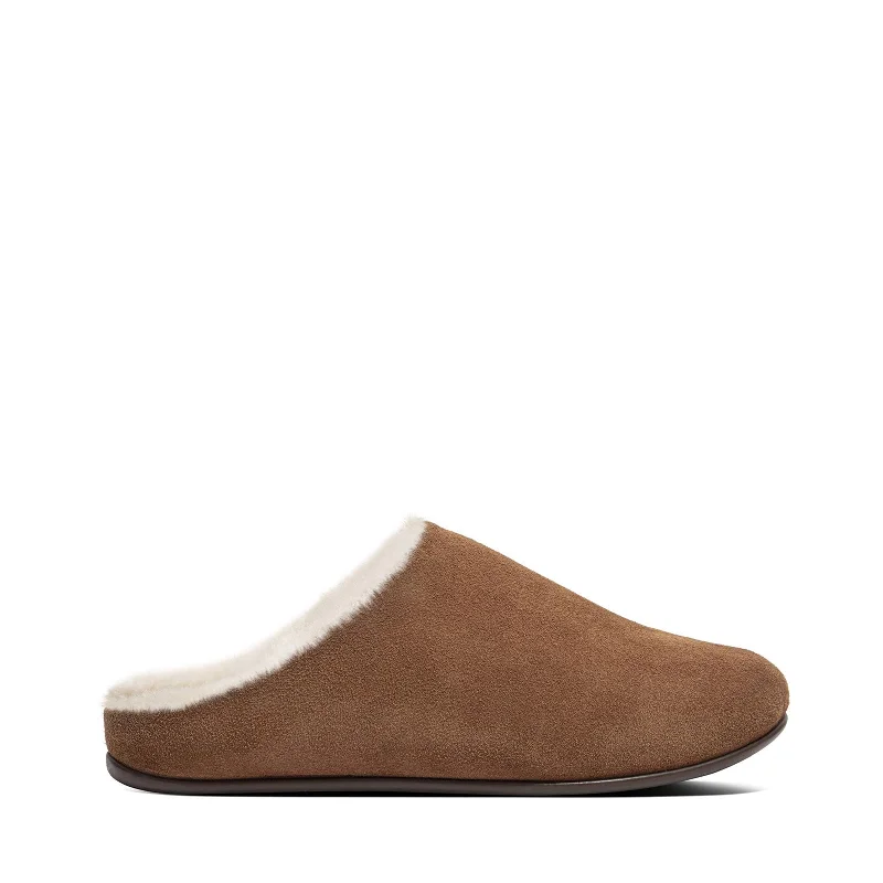 FitFlop Women's Chrissie Shearling Slipper Mule, Tumbled tan Memory - Foam Slipper Look  