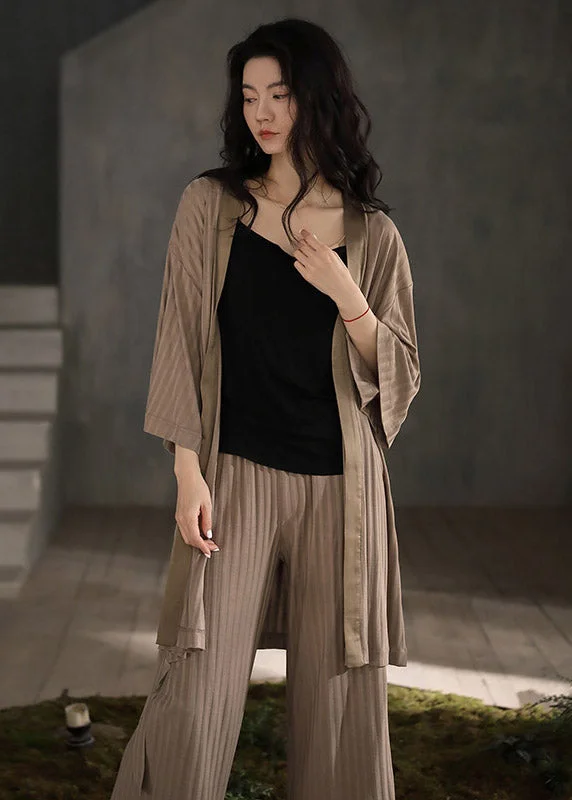 Natural Coffee V Neck Striped Tie Waist Knit Pajamas Three Piece Set Long Sleeve