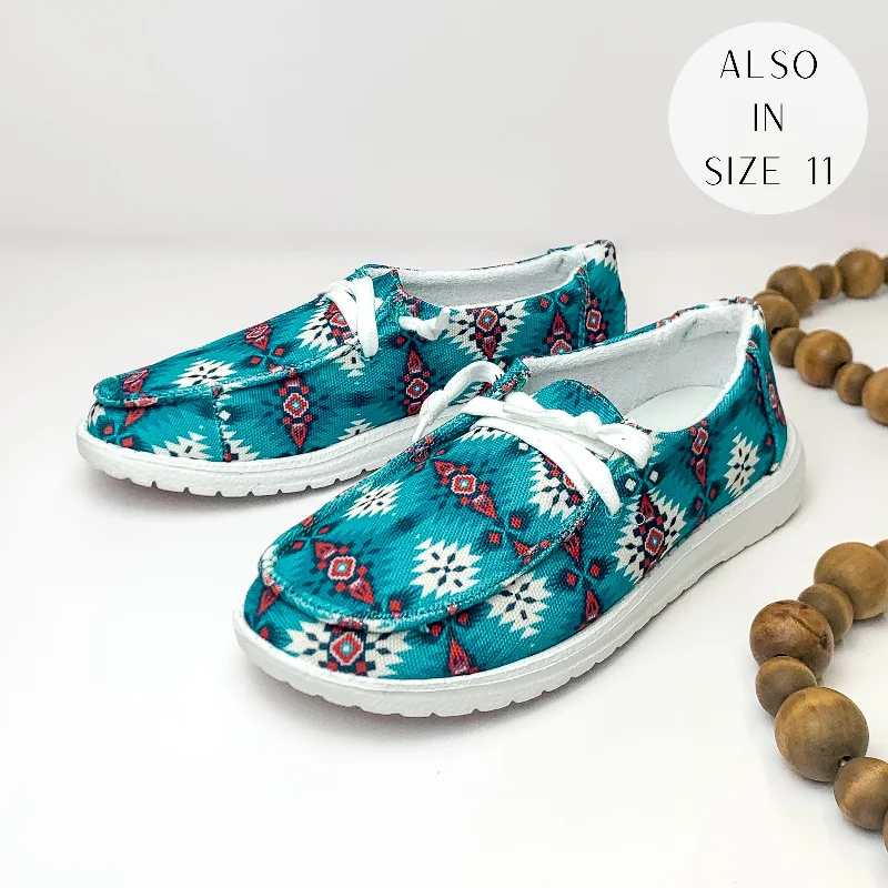 Very G | Have To Run Slip On Loafer with Laces in Turquoise Blue Aztec Print Moccasin Soft - Sole Style Very G | Have To Run Slip On Loafer with Laces in Turquoise Blue Aztec Print Moccasin Soft - Sole Style