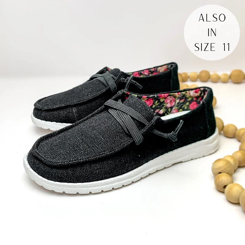 Very G | Have To Run Slip On Loafers with Black Laces in Black Canvas Slide Sandal Beach Style Very G | Have To Run Slip On Loafers with Black Laces in Black Canvas Slide Sandal Beach Style