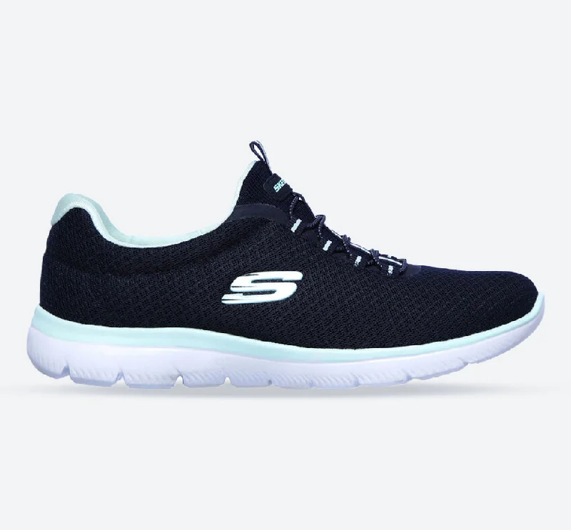 Women's Wide Fit Skechers 12980 Summits Slip On Sports Sneakers - Navy/Aqua Upcycled Shoe Look  